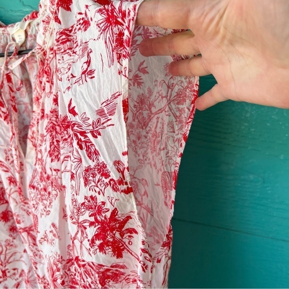 H&M TROPICAL JUNGLE RED/WHITE PRINT V-NECK COTTON CAP SLEEVE TOP SIZE LARGE - Picture 5 of 7